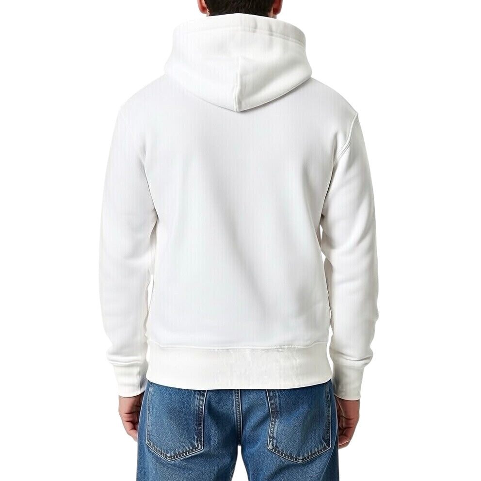 Herren Premium Hoodie von VILLIERS MAISON SUISSE in Weiss, getragen von einem Model in Rückenansicht mit sichtbarer Kapuze und schlichtem Design.