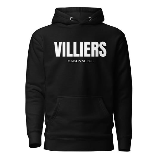 Damen Oversize Hoodie von VILLIERS MAISON SUISSE in Schwarz mit weißem Logo auf der Brust, frontal als Produktbild dargestellt.