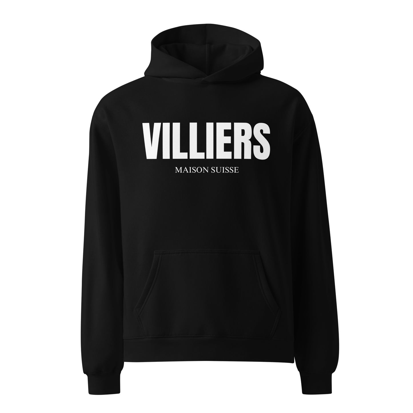 Herren Oversize Hoodie von VILLIERS MAISON SUISSE in Schwarz mit weissem Logo auf der Brust, frontal als Produktbild dargestellt.