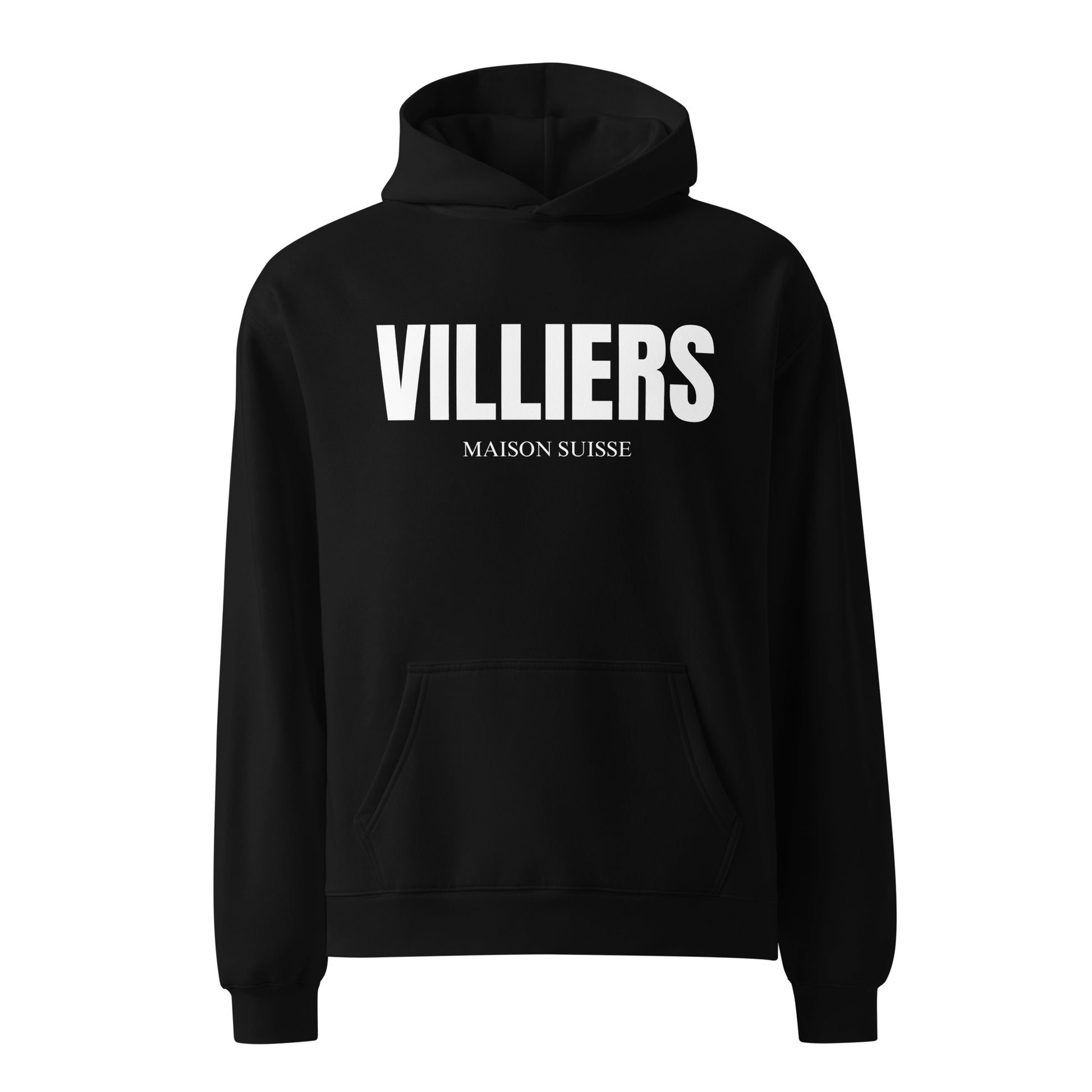 Herren Oversize Hoodie von VILLIERS MAISON SUISSE in Schwarz mit weissem Logo auf der Brust, frontal als Produktbild dargestellt.