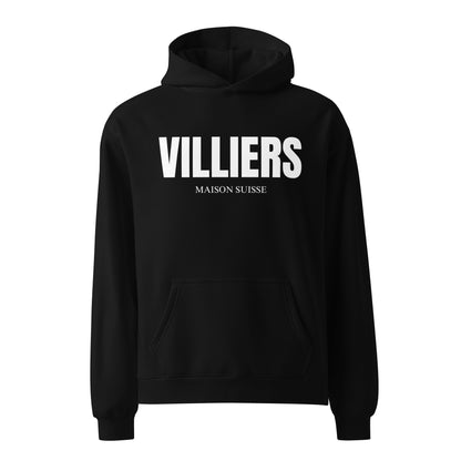 Herren Oversize Hoodie von VILLIERS MAISON SUISSE in Schwarz mit weissem Logo auf der Brust, frontal als Produktbild dargestellt.