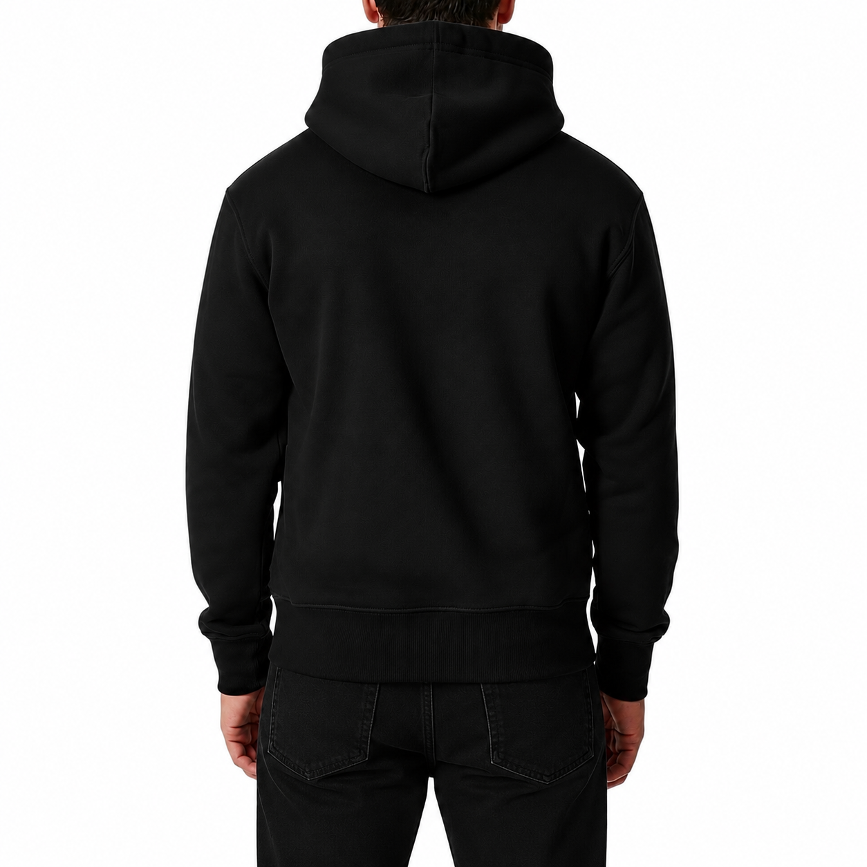 Herren Premium Hoodie von VILLIERS MAISON SUISSE in Schwarz, getragen von einem Model in Rückenansicht mit sichtbarer Kapuze und schlichtem Design.