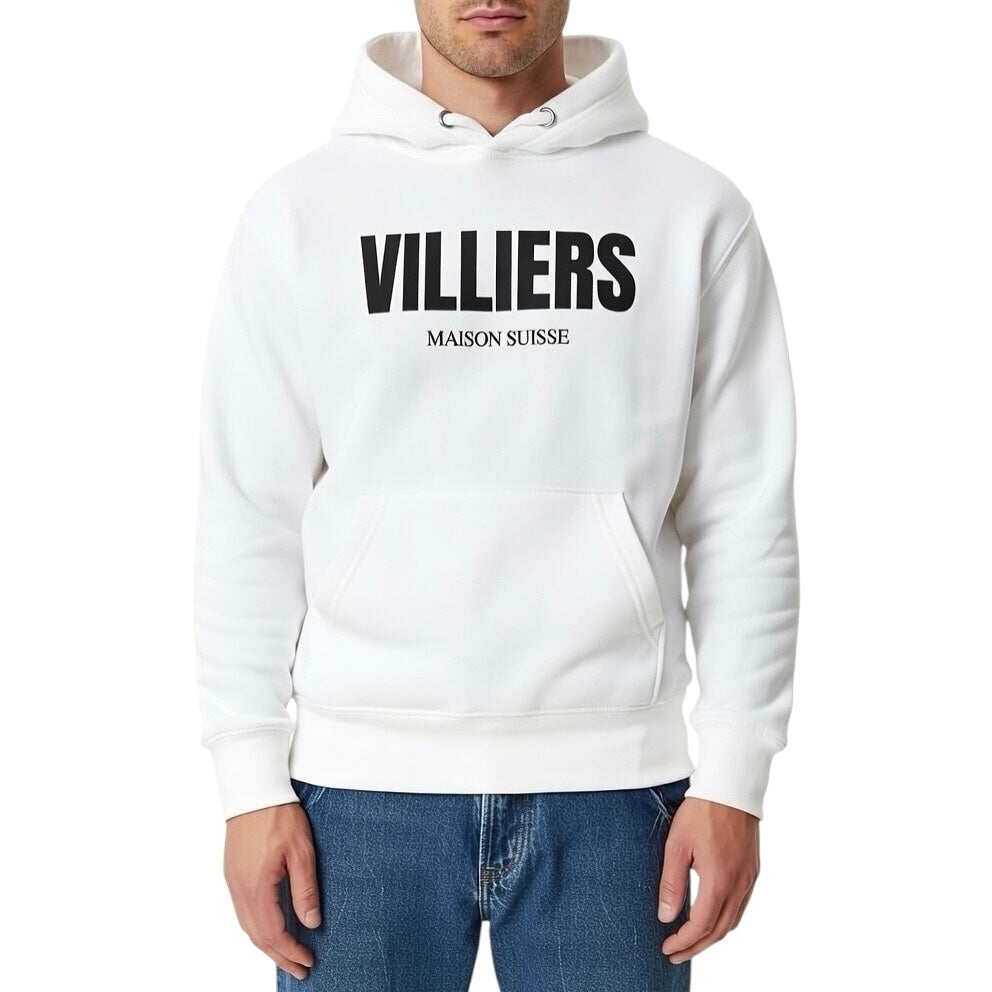 Herren Premium Hoodie von VILLIERS MAISON SUISSE in Weiss mit schwarzem Logo auf der Brust, getragen von einem Model in Frontansicht.