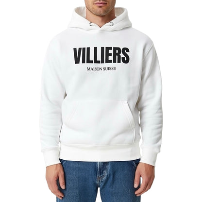 Herren Premium Hoodie von VILLIERS MAISON SUISSE in Weiss mit schwarzem Logo auf der Brust, getragen von einem Model in Frontansicht.
