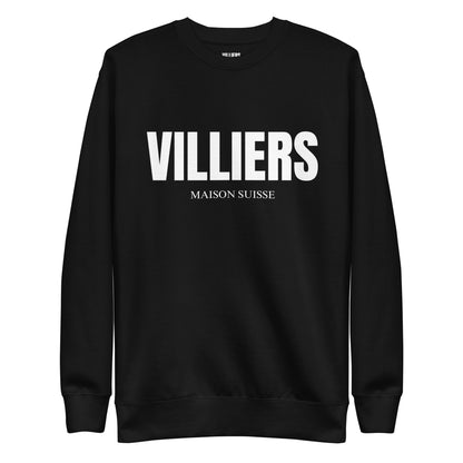 Herren Premium Sweatshirt von VILLIERS MAISON SUISSE in Schwarz mit weissem Logo auf der Brust, frontal als Produktbild dargestellt.
